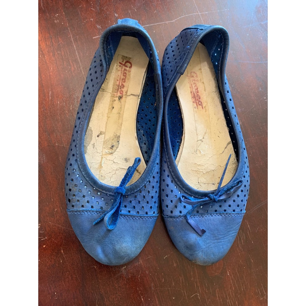 Giacomo Blue Perforated Leather Ballet Flats Bow Detail Size 7